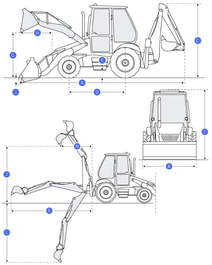 ТТХ и габаритные размеры экскаватора-погрузчика