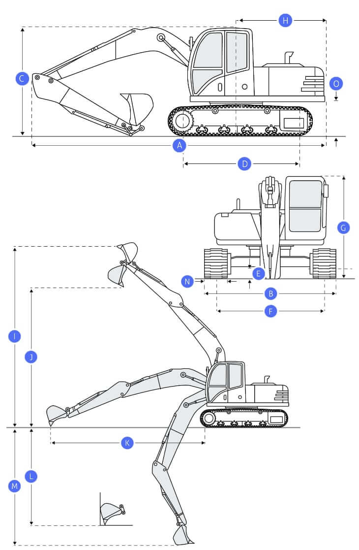 ТТХ и габаритные размеры экскаватора
