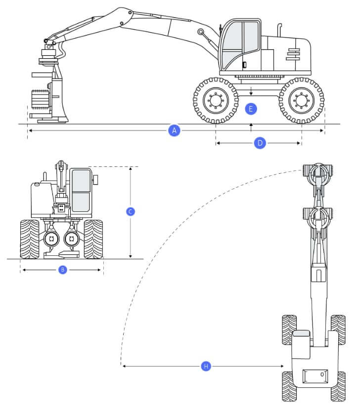 ТТХ и габаритные размеры колесного харвестера лесозаготовительного