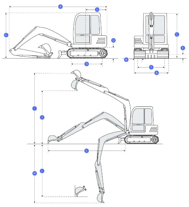 ТТХ и габаритные размеры мини-экскаватора