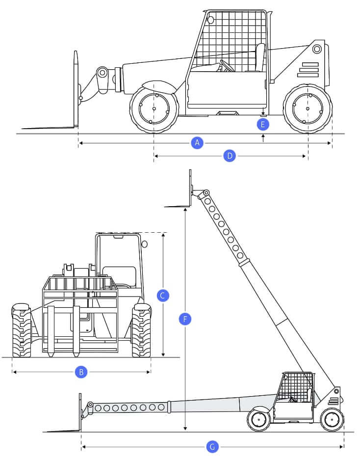 ТТХ и габаритные размеры телескопического погрузчика